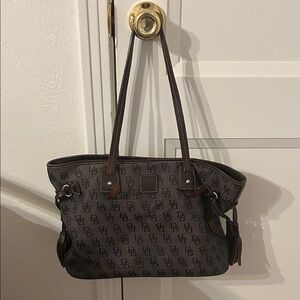 Dooney & Bourke Brown Logo Jacquard Tote with Dark Brown Trim
